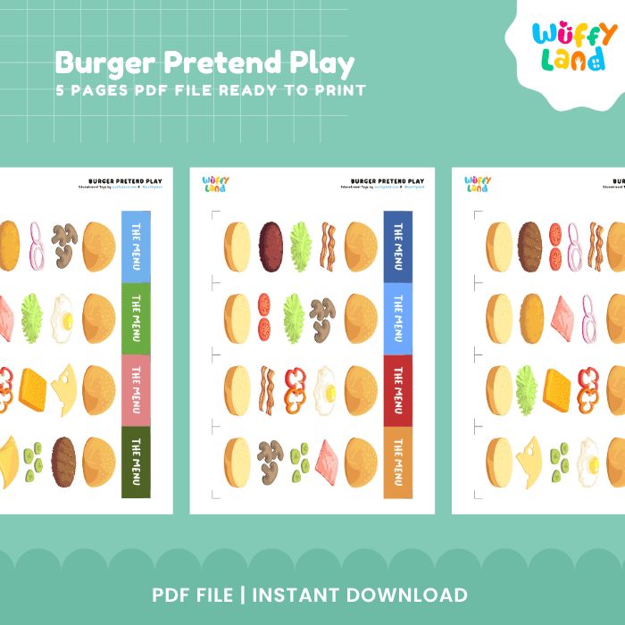 Burger Pretend Play Printable Activity dramatic play Center Cutouts and Menu Cards