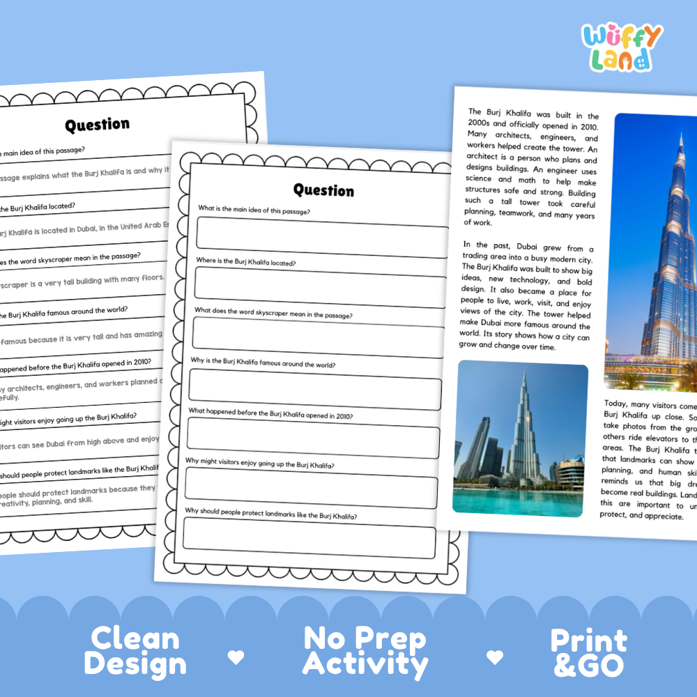 Burj Khalifa Dubai geography printable featuring facts about the skyscraper, United Arab Emirates and famous world landmarks