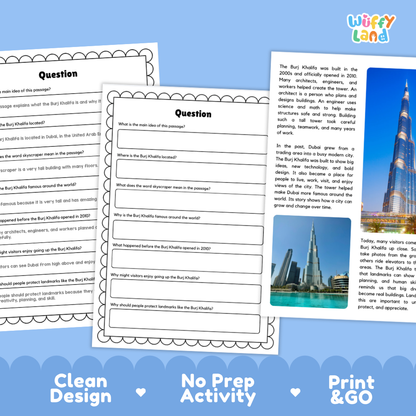 Burj Khalifa Dubai geography printable featuring facts about the skyscraper, United Arab Emirates and famous world landmarks