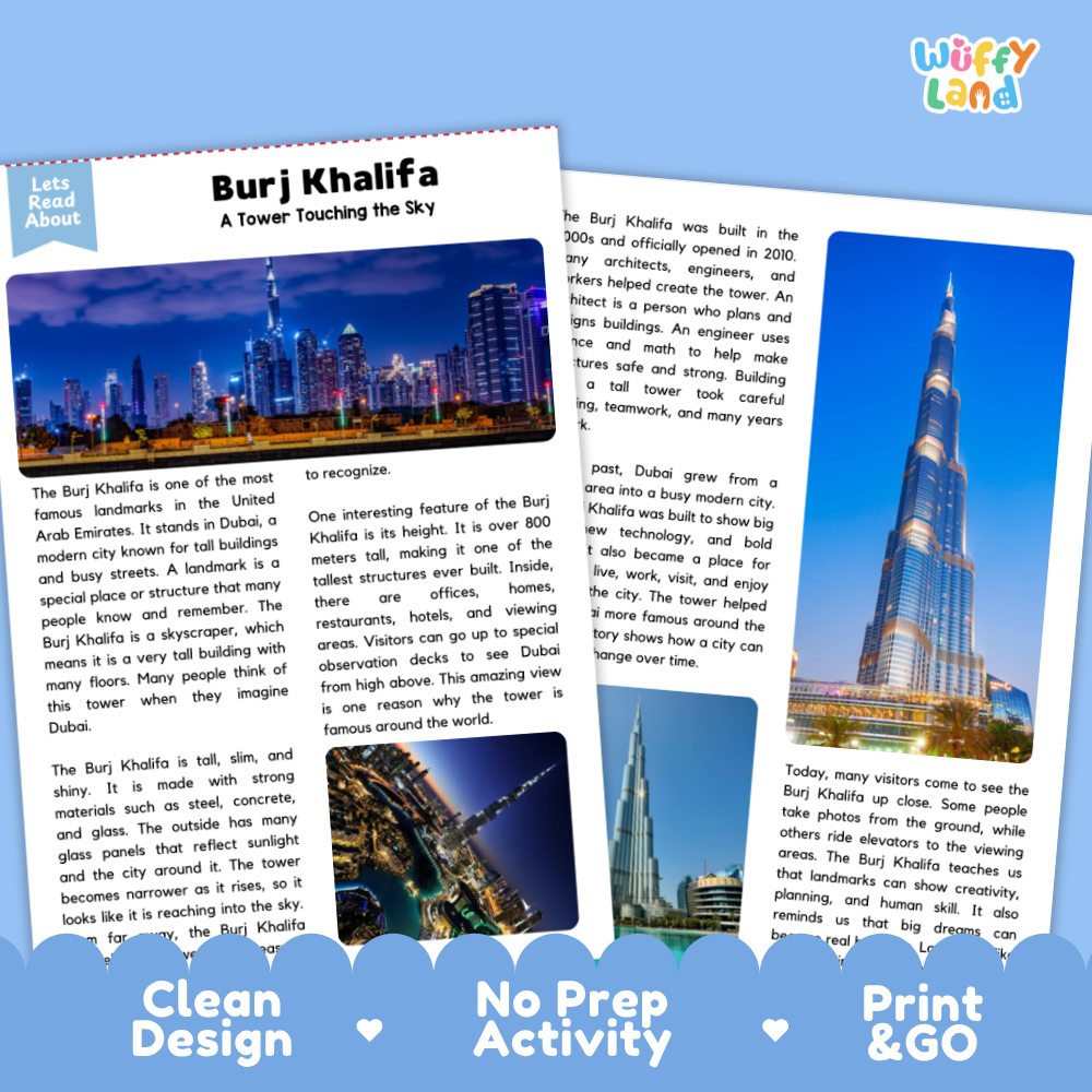 Burj Khalifa reading comprehension worksheets with printable nonfiction passage, questions and student activities