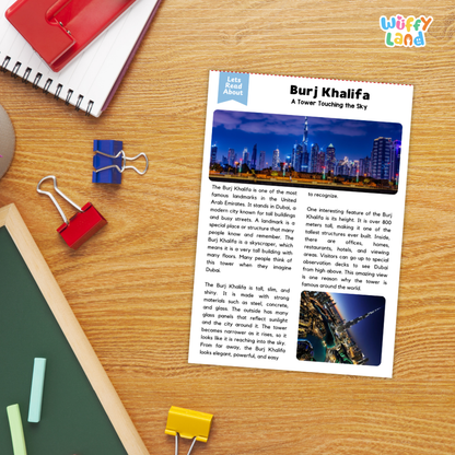 Printable Burj Khalifa reading passage for elementary students with comprehension questions about the famous Dubai landmark
