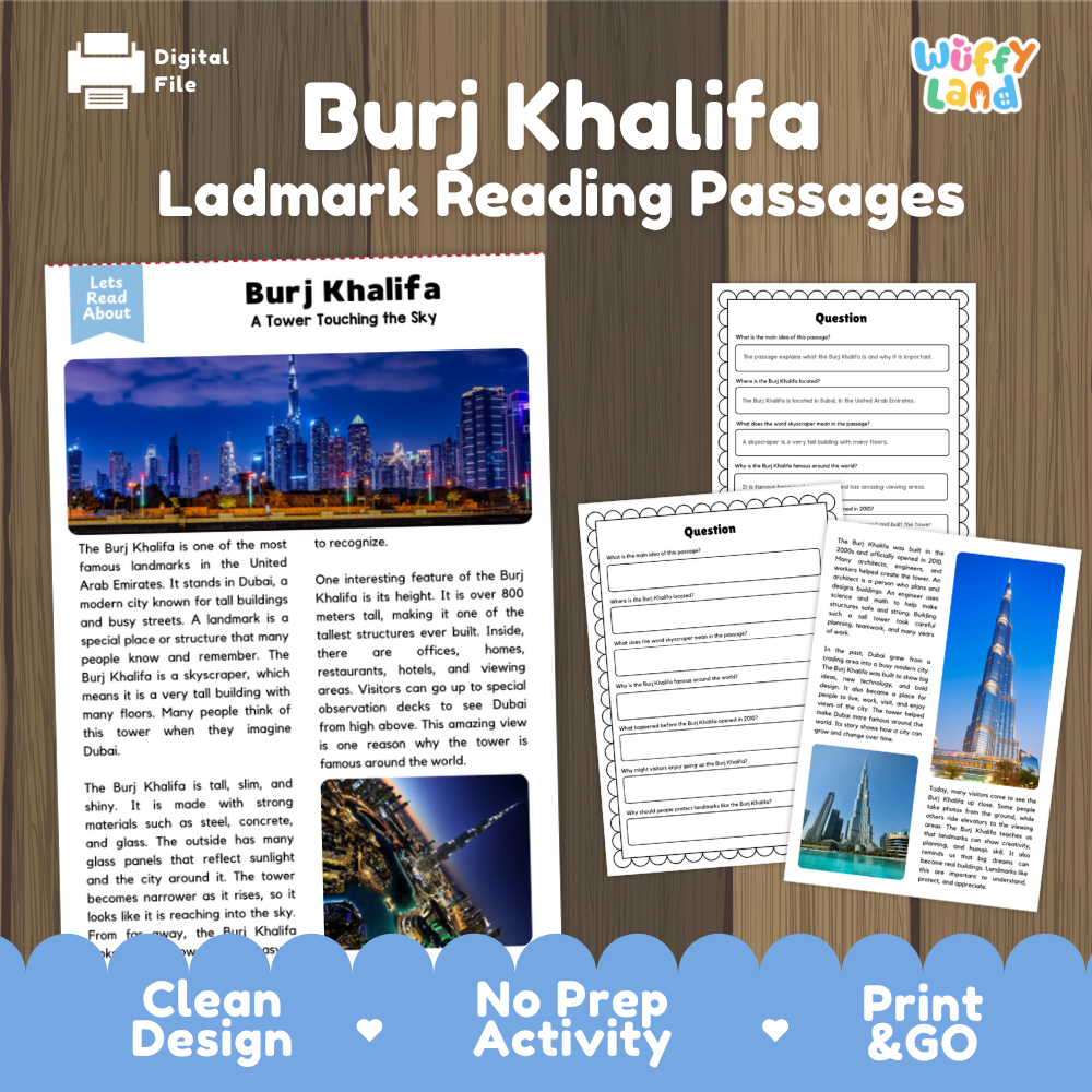 Skyscraper architecture reading activity about the Burj Khalifa featuring engineering, construction and tallest building facts