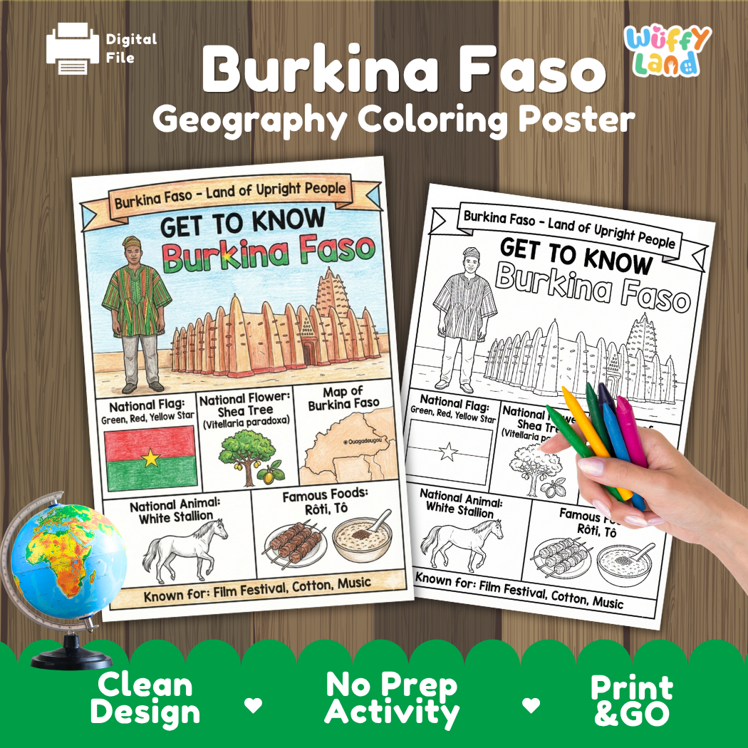 Get to know Burkina Faso coloring poster paired with photo flashcards of Pancakes Rocks, wall paintings, baobab trees, and Ngoni music