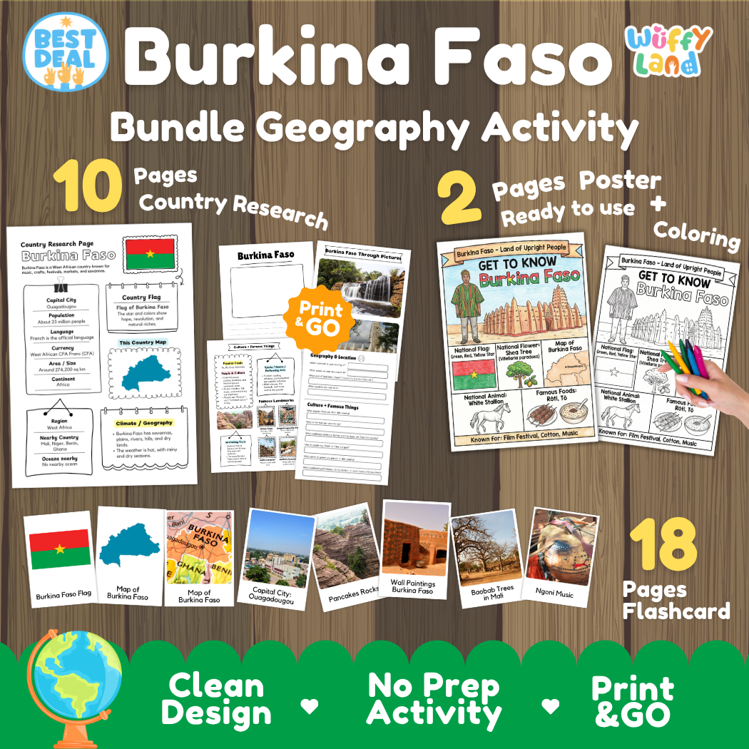 Burkina Faso geography activity bundle cover showing 10 country research pages, 2 ready to use coloring posters, and 18 photo flashcards