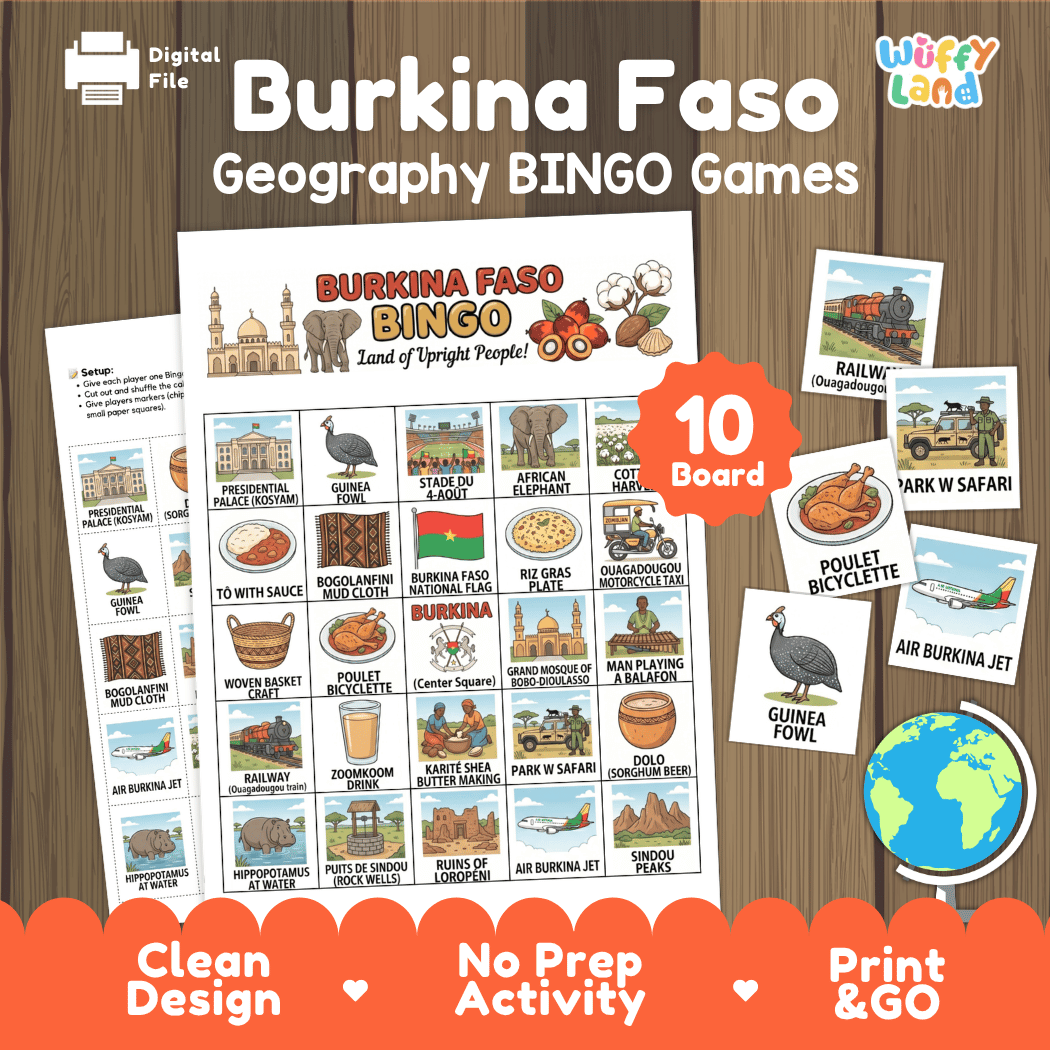 Burkina Faso Geography BINGO Games Printable Country Study Activity Cards