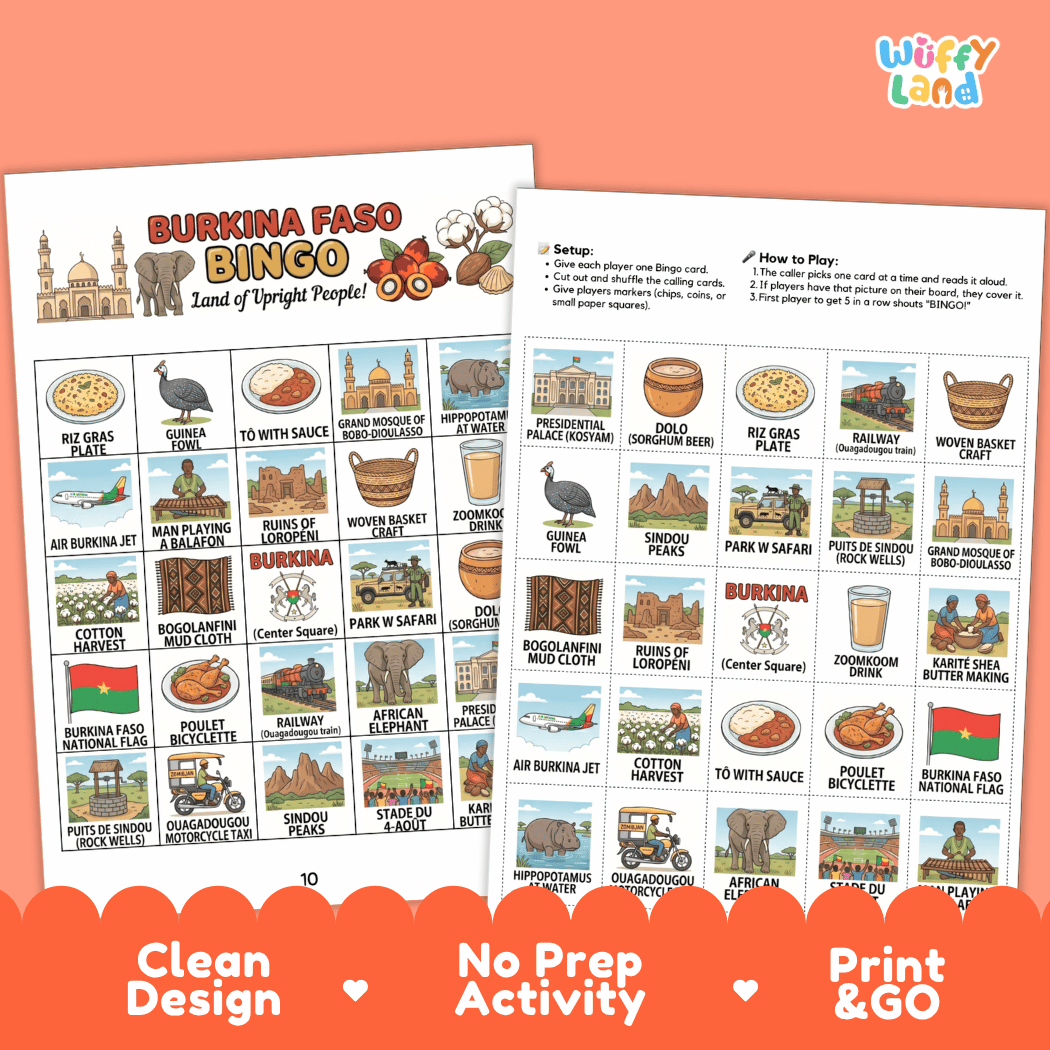 Burkina Faso Geography BINGO Games Printable Country Study Activity Cards