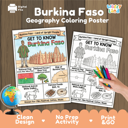 Burkina Faso Country Study Geography Coloring Page Worksheet Activity | Africa