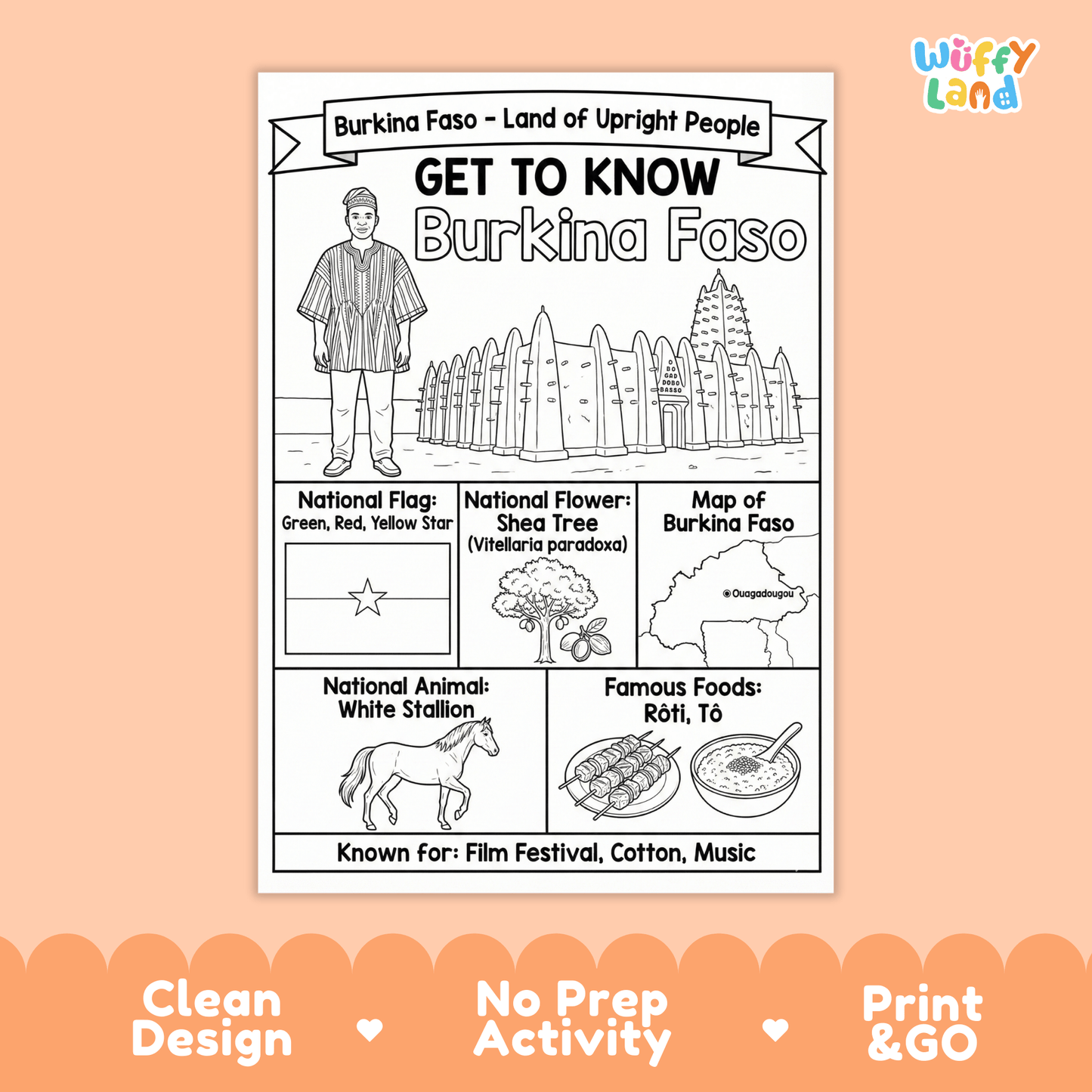 Burkina Faso Country Study Geography Coloring Page Worksheet Activity | Africa