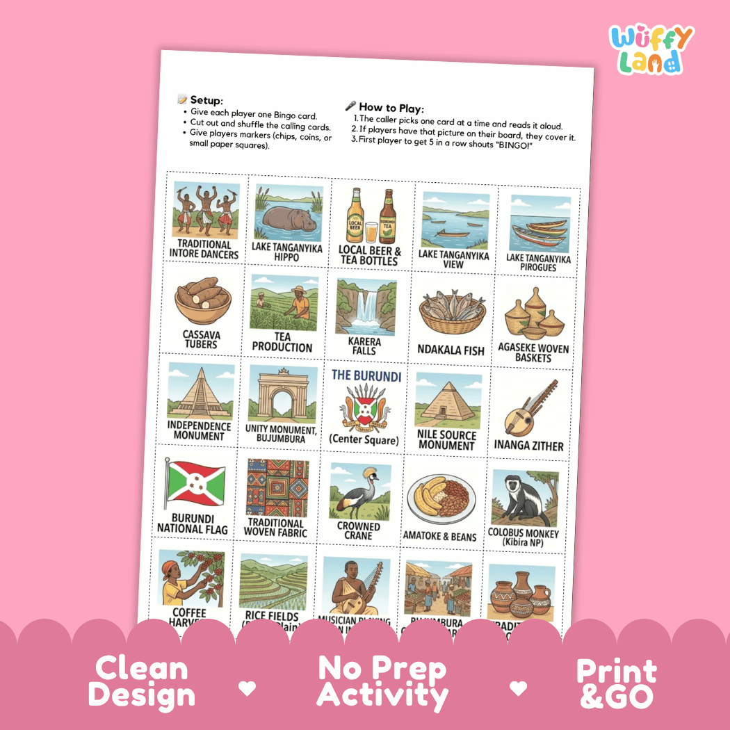 Burundi Geography BINGO Games Printable Country Study Activity Cards