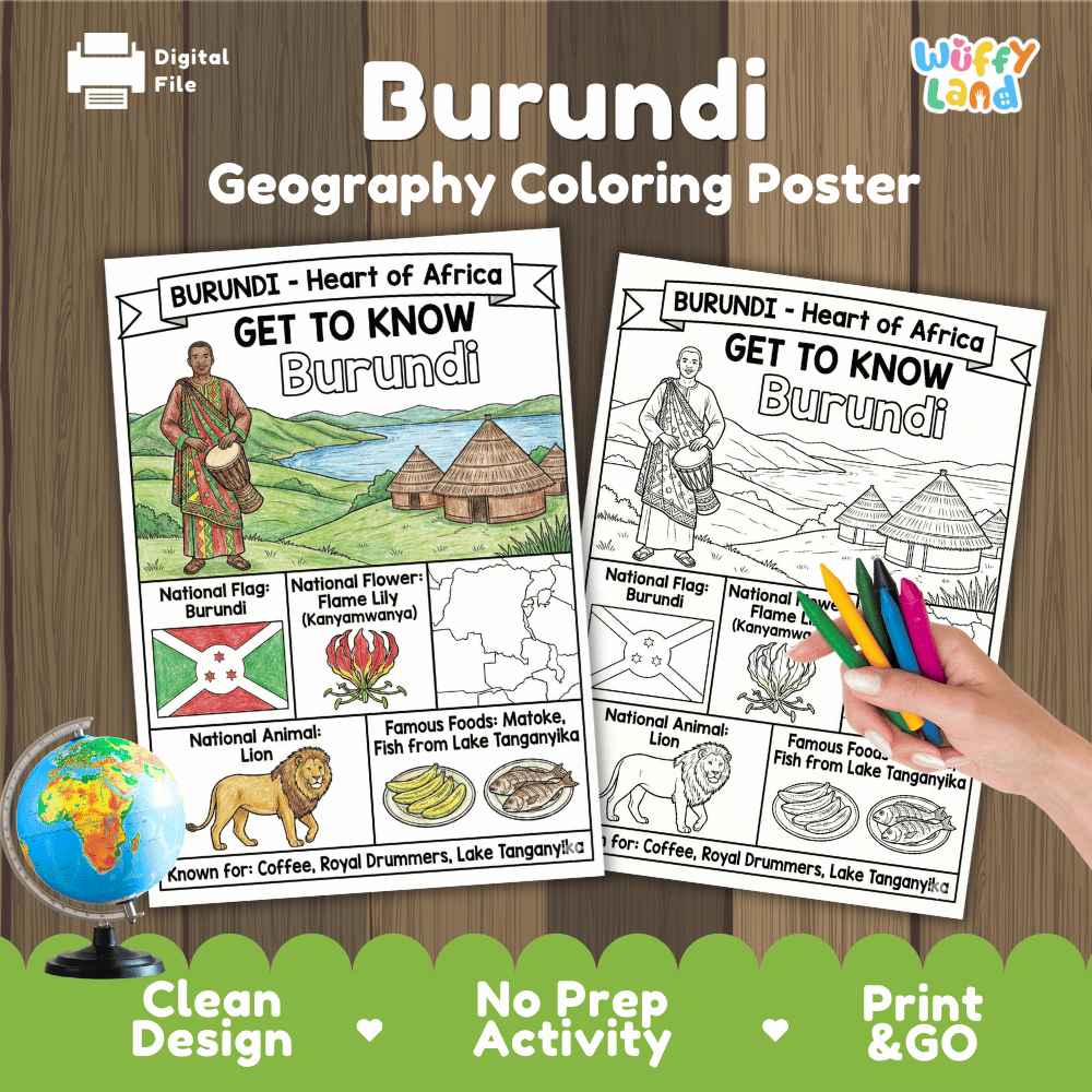 Burundi Geography Coloring Poster and Fact Sheet Printable Worksheets