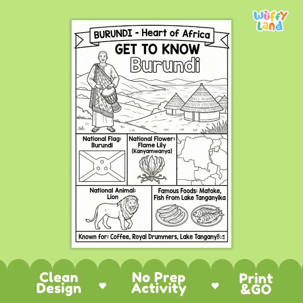 Burundi Geography Coloring Poster and Fact Sheet Printable Worksheets