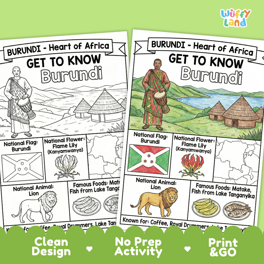 Burundi Geography Coloring Poster and Fact Sheet Printable Worksheets
