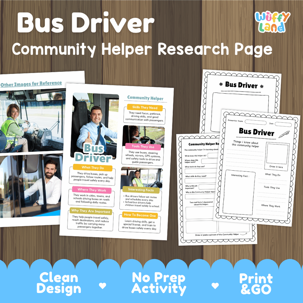 Bus driver community helper research page writing worksheets pack featuring real photos and student activity pages for elementary social studies