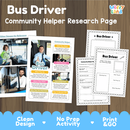 Bus driver community helper research page writing worksheets pack featuring real photos and student activity pages for elementary social studies