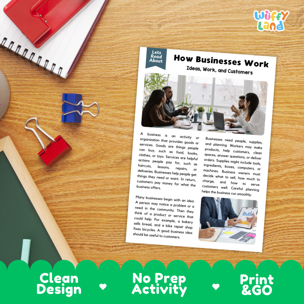 Printable student worksheet with short-answer reading comprehension questions covering businesses and economics