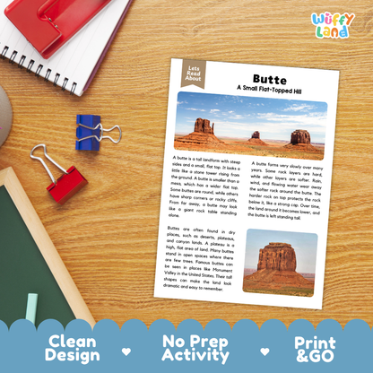 Student reading comprehension question worksheet paired with a completed teacher answer key sheet about buttes