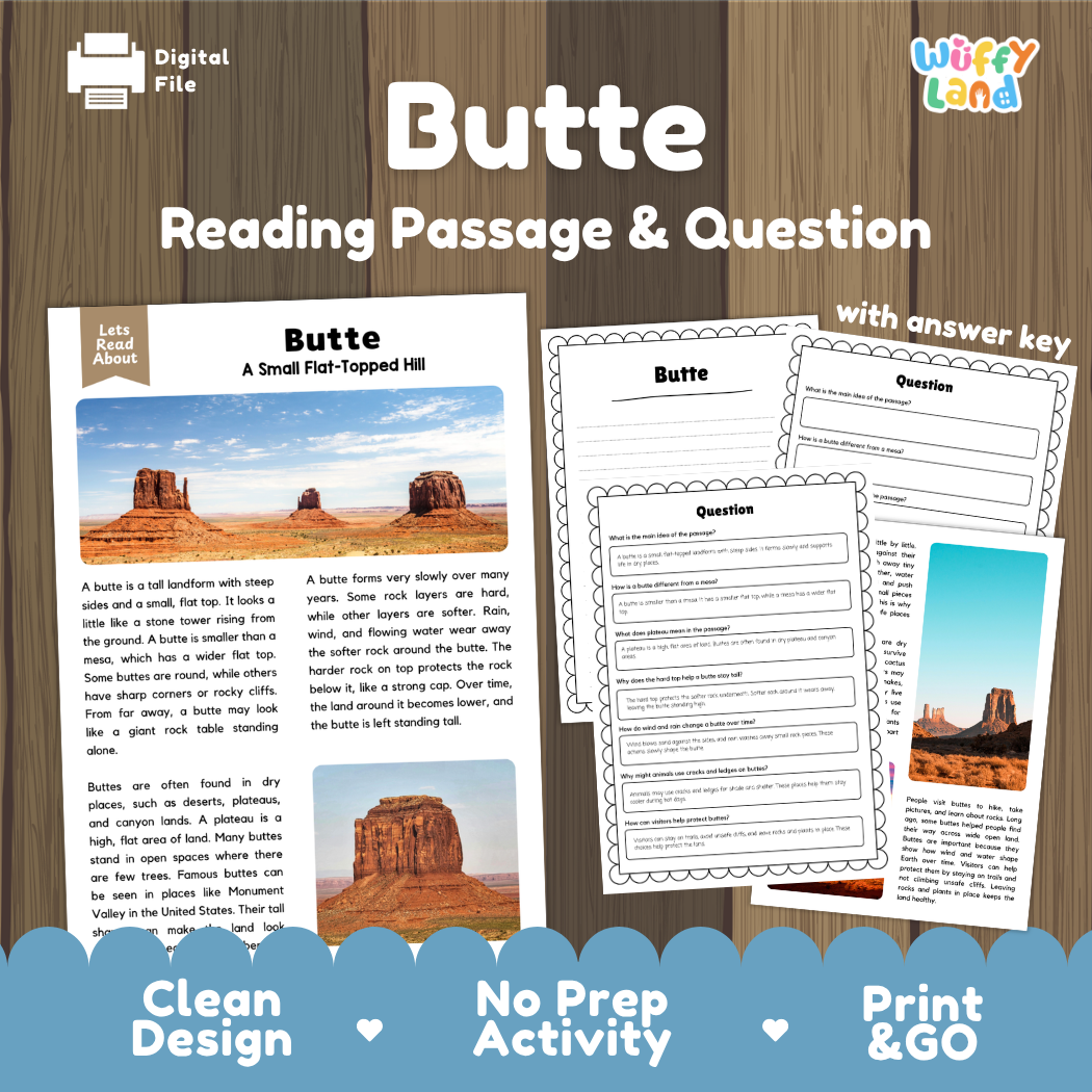 Butte landform reading comprehension passage and question worksheets pack cover with answer key for elementary students