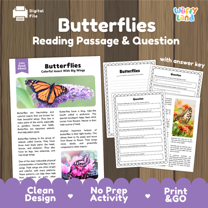 Digital reading activity bundle for 'Butterflies' featuring a reading passage with a butterfly illustration, a question page, and an answer key, displayed on a wood background with promotional text at the bottom.