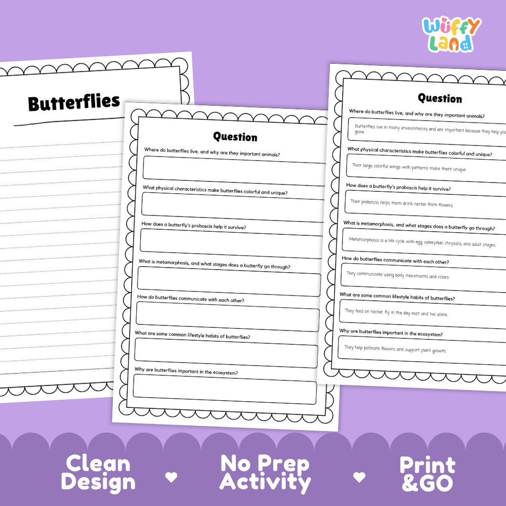 Three printable butterfly activity worksheet pages displayed on a purple background with the text 'Clean Design', 'No Prep Activity', and 'Print & GO'. The pages include a title page labeled 'Butterflies' and two worksheet pages with writing prompts and questions about butterflies.