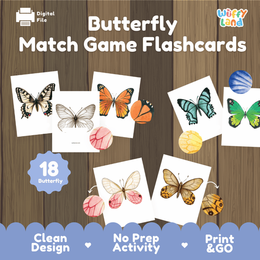Butterfly match game flashcards printable pattern and wing matching pack overview from Wuffy Land featuring 18 butterfly species 🦋✨