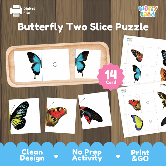 Butterfly two slice puzzle printable realistic symmetry matching activity pack overview from Wuffy Land featuring 14 cards 🦋✨