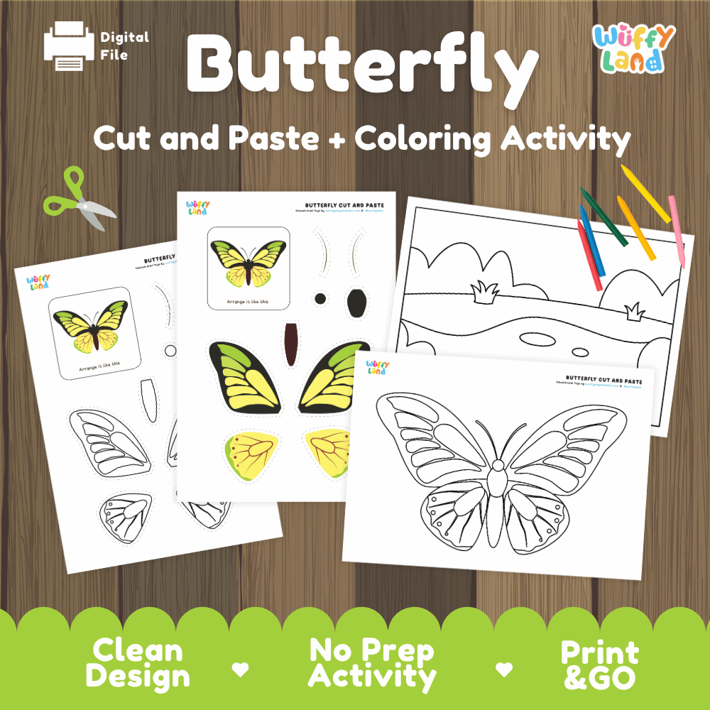 Butterfly Cut and Paste Craft and Coloring Activity Worksheets