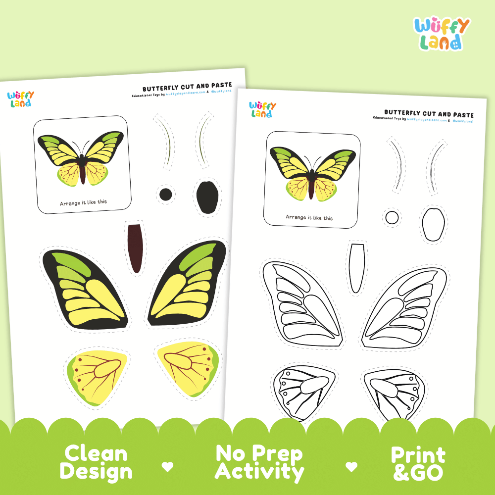 Butterfly Cut and Paste Craft and Coloring Activity Worksheets