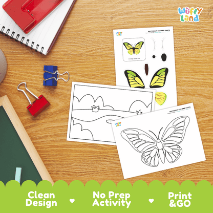 Butterfly Cut and Paste Craft and Coloring Activity Worksheets