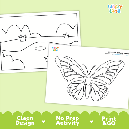 Butterfly Cut and Paste Craft and Coloring Activity Worksheets