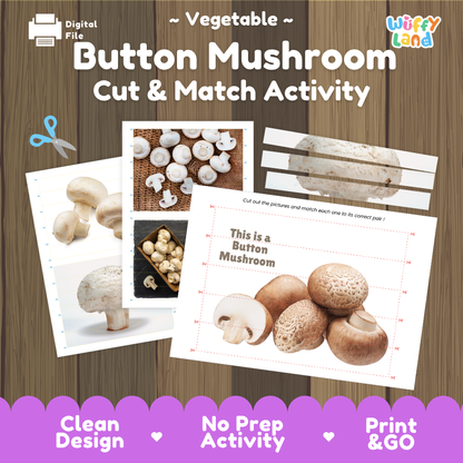 Button mushroom cut and match activity cover showing printable fine motor puzzle sheets and mushroom photographs