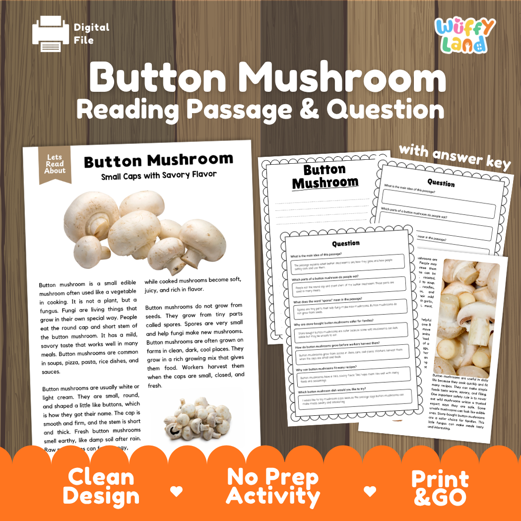 Button mushroom reading comprehension passage and questions printable activity pack with answer key for elementary students