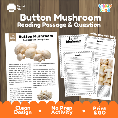 Button mushroom reading comprehension passage and questions printable activity pack with answer key for elementary students