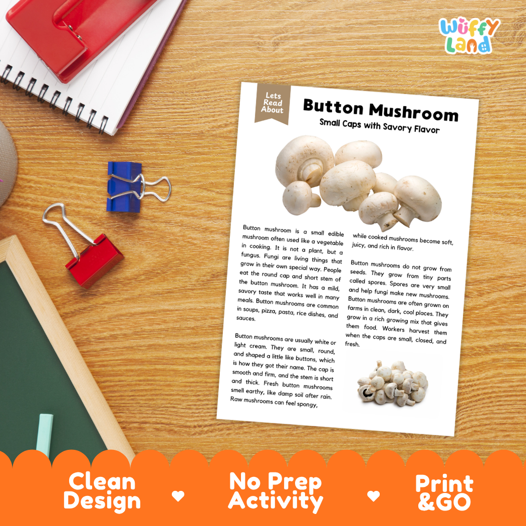 Student reading comprehension worksheet with short-answer questions and lined sections about button mushrooms