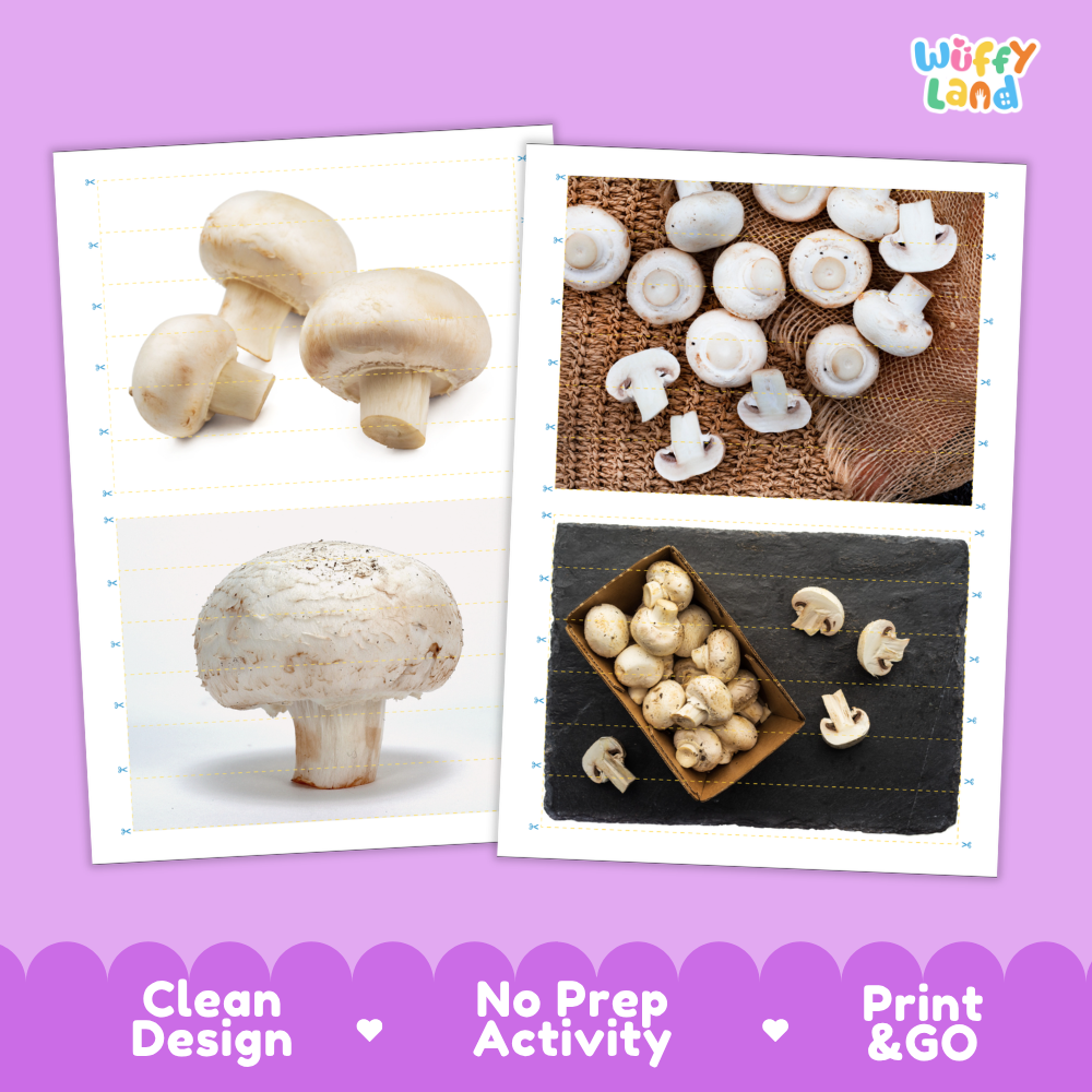 Printable activity sheets featuring photographic button mushroom puzzle boards and cutting guides