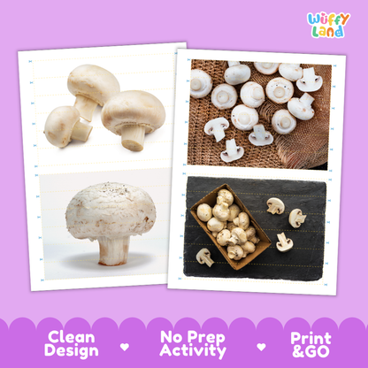 Printable activity sheets featuring photographic button mushroom puzzle boards and cutting guides