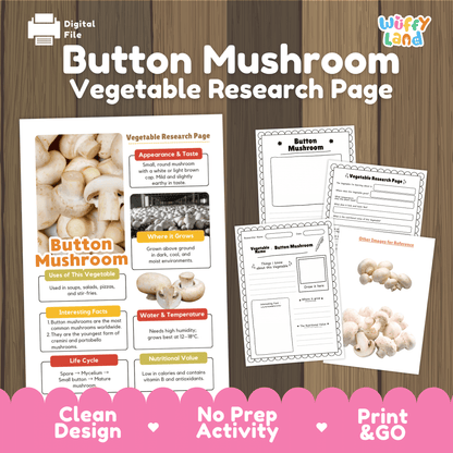 Student vegetable research page writing worksheets with real fresh button mushroom photos, lined note-taking prompts, and drawing frames