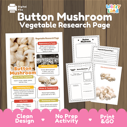 Student vegetable research page writing worksheets with real fresh button mushroom photos, lined note-taking prompts, and drawing frames