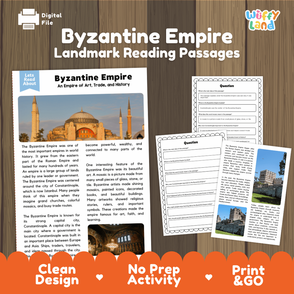 Byzantine Empire landmark reading passages educational study unit featuring nonfiction reading worksheets and authentic Hagia Sophia architecture photography