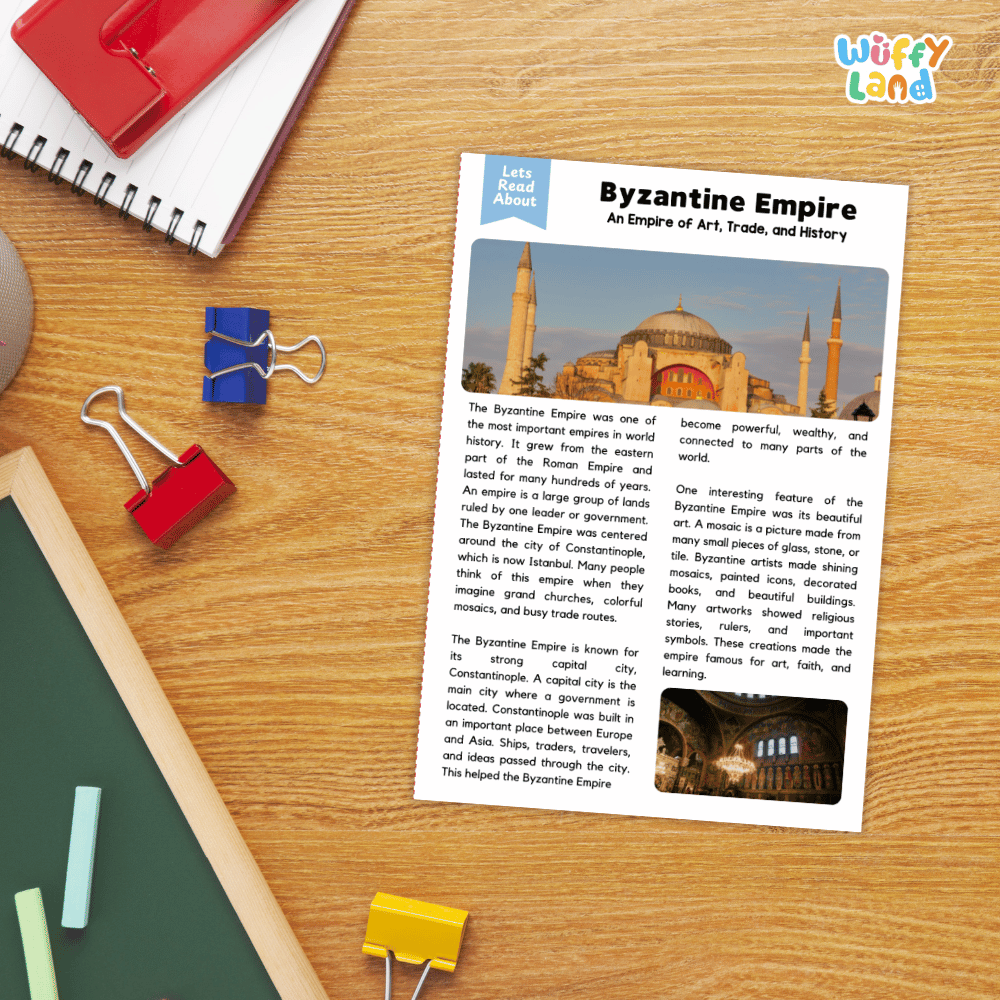 Lined reading comprehension question worksheet covering main ideas vocabulary terms and landmark facts about the Byzantine Empire