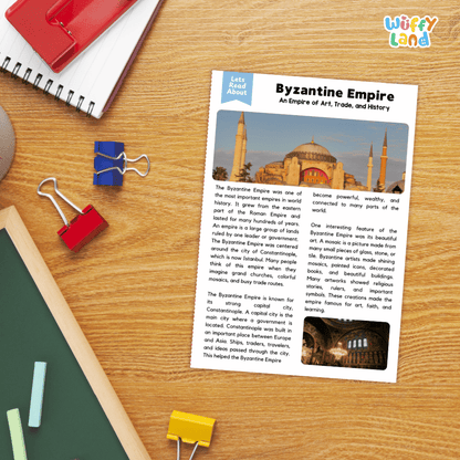 Lined reading comprehension question worksheet covering main ideas vocabulary terms and landmark facts about the Byzantine Empire