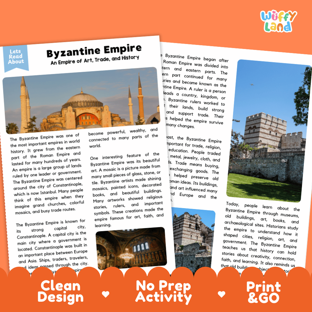 Reference sheet and answer key for Byzantine Empire landmark reading passage displaying completed comprehension answers and medieval world history facts