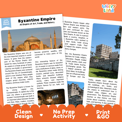 Reference sheet and answer key for Byzantine Empire landmark reading passage displaying completed comprehension answers and medieval world history facts