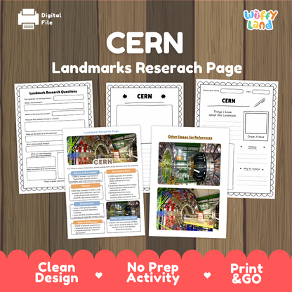 Digital download preview of a CERN Landmarks Research Page activity sheet by Wiffy Land, shown on a wood background with three sample pages and feature badges at the bottom.