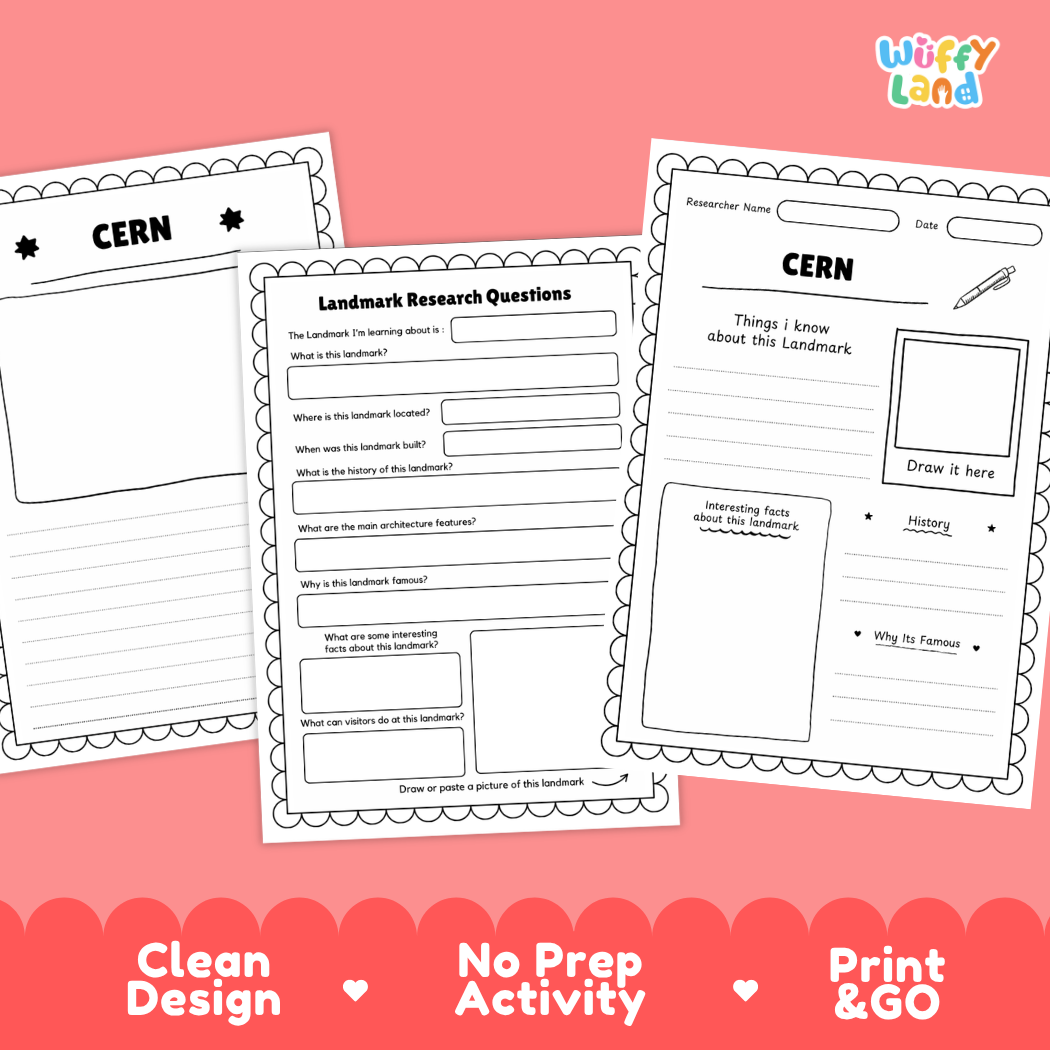 Three printable worksheet pages from Wiffy Land titled CERN, shown on a pink background with a red scalloped banner at the bottom reading 'Clean Design', 'No Prep Activity', and 'Print & GO'. The worksheets are white with black text and border lines, and the Wiffy Land logo appears in the top right.
