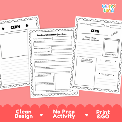 Three printable worksheet pages from Wiffy Land titled CERN, shown on a pink background with a red scalloped banner at the bottom reading 'Clean Design', 'No Prep Activity', and 'Print & GO'. The worksheets are white with black text and border lines, and the Wiffy Land logo appears in the top right.