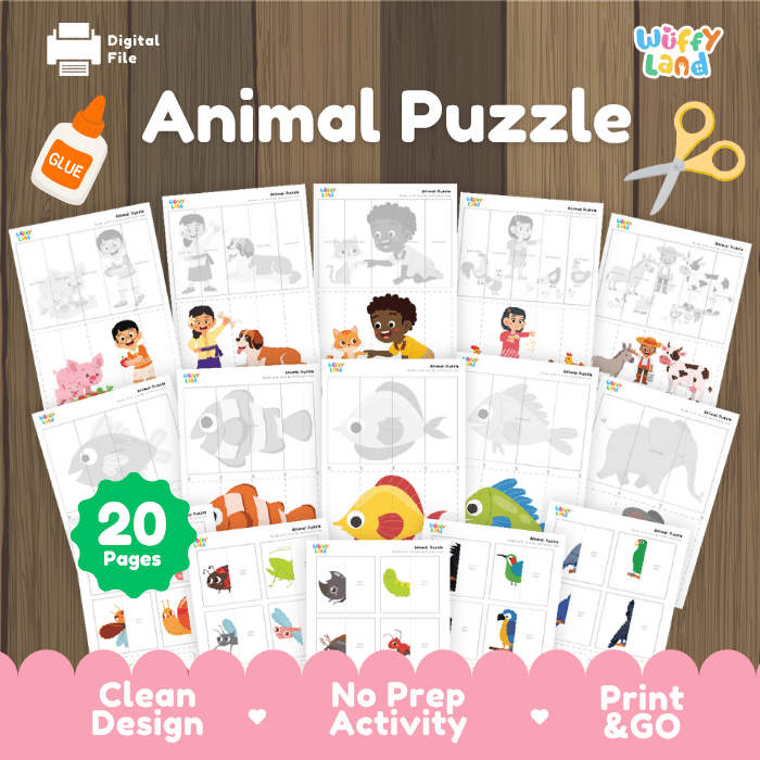 Animal Puzzle Sheets – Cut & Paste Activity for Kids