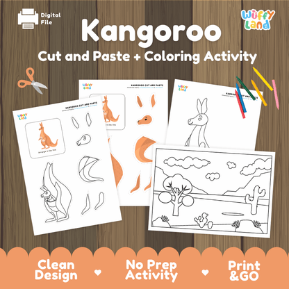 Kangaroo Cut and Paste Craft and Coloring Activity Worksheets
