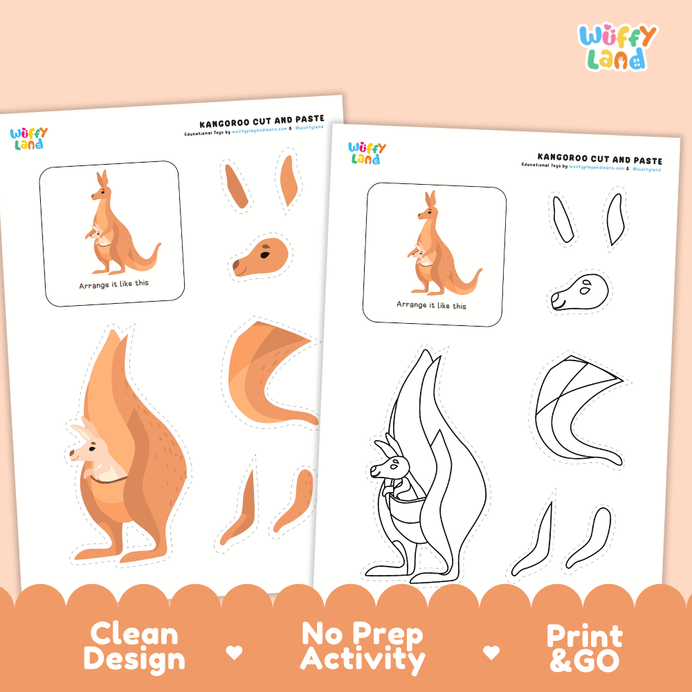 Kangaroo Cut and Paste Craft and Coloring Activity Worksheets