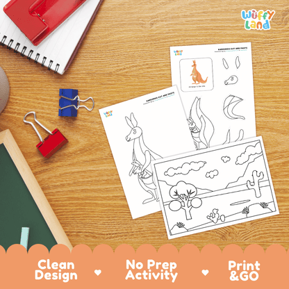 Kangaroo Cut and Paste Craft and Coloring Activity Worksheets