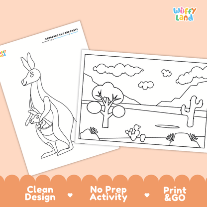 Kangaroo Cut and Paste Craft and Coloring Activity Worksheets